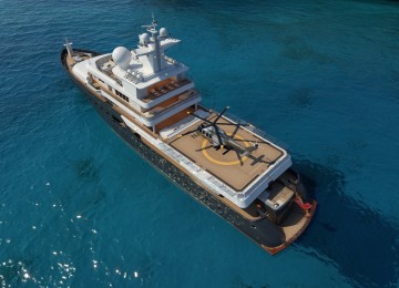 Luxusyacht von oben mit Helicopter Landeplatz