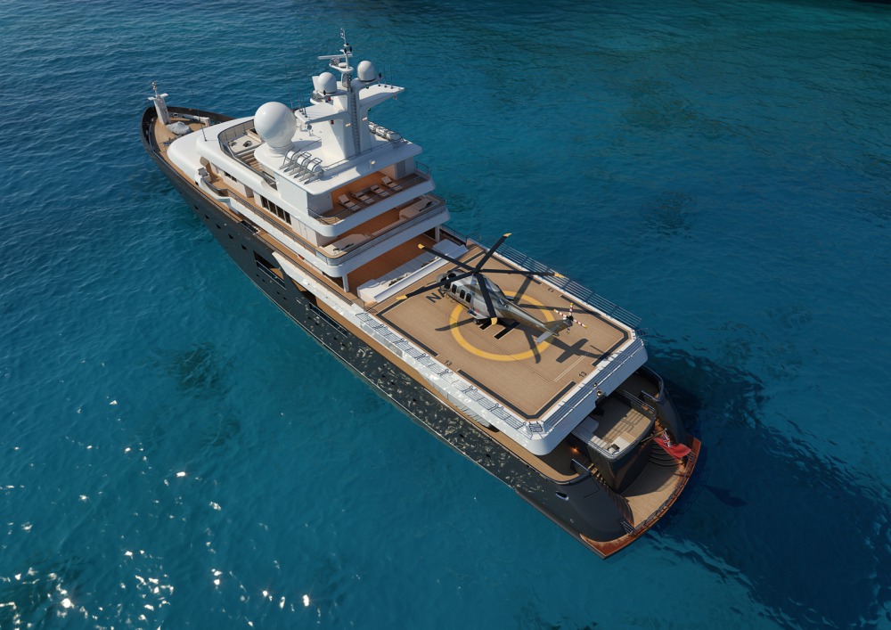 Luxusyacht von oben mit Helicopter Landeplatz