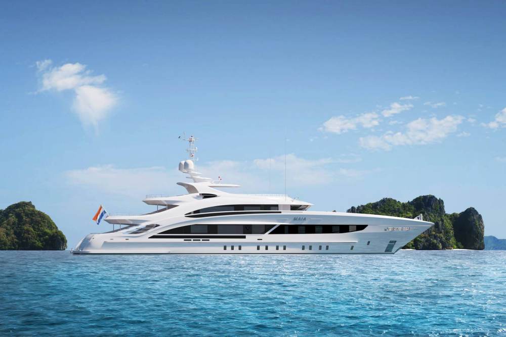 Luxusyacht Maia 3D Animation ganzes Schiff im Meer seitlich